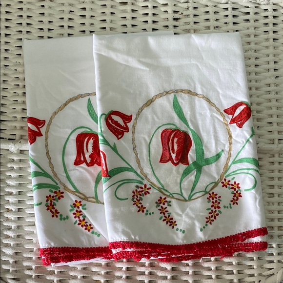 Other - Vintage Pair Of Red Tulips Painted Pillowcases!